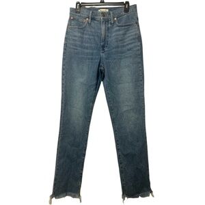Blue Straight Leg Jeans with Frayed Hem